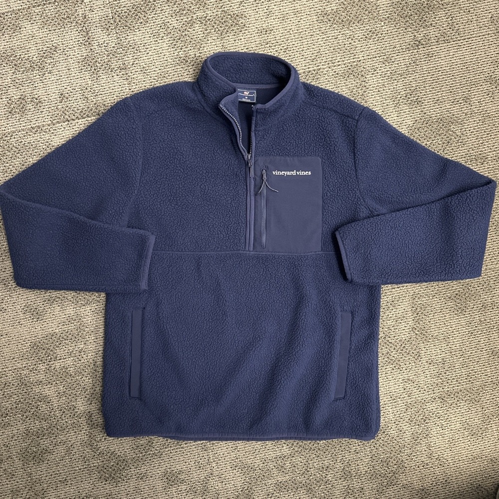 Vineyard Vines Mens Navy Blue Sherpa Fleece Quarter Zip Pullover Jacket Size M